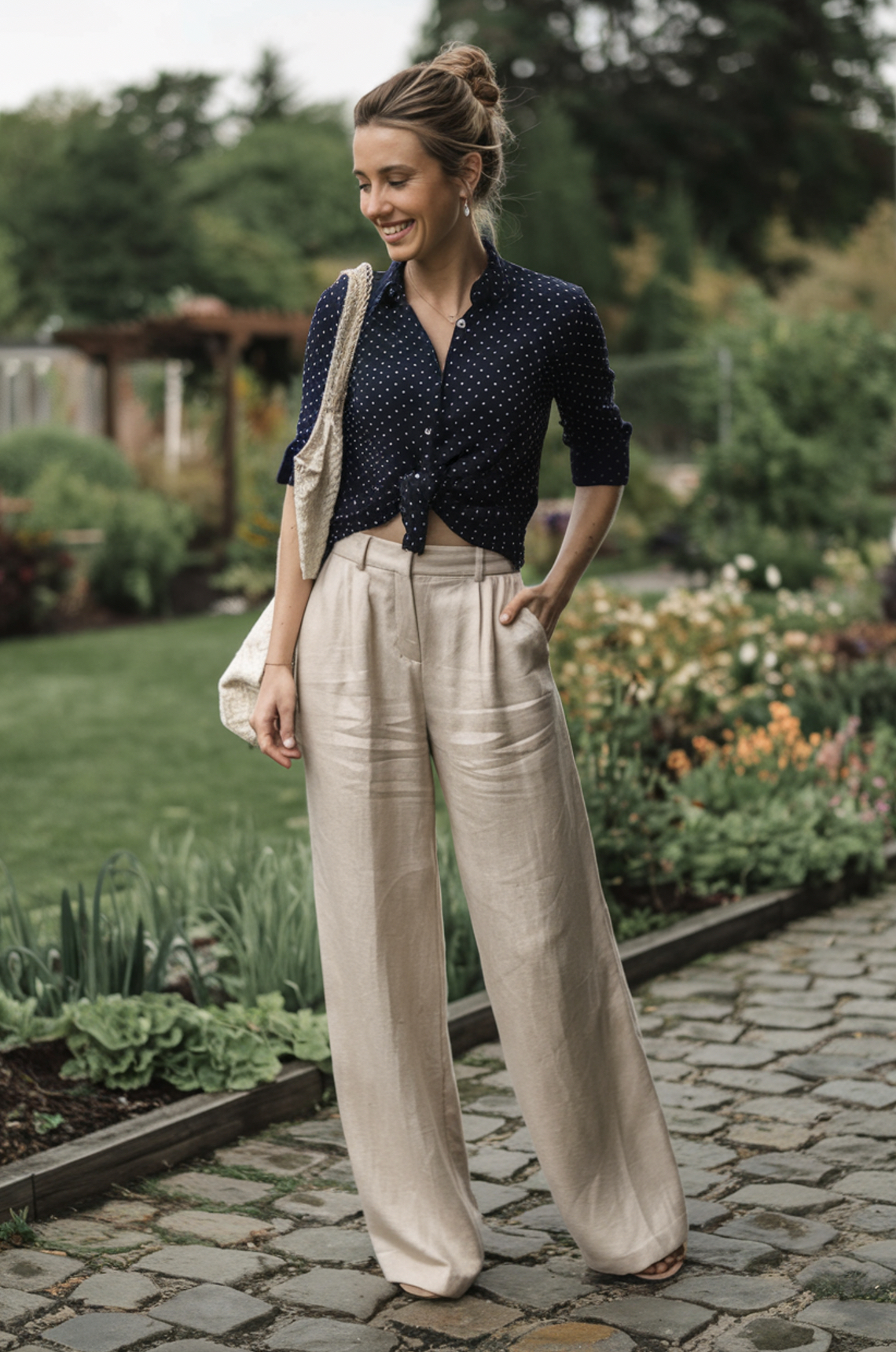 Woman in beige linen pants and navy polka-dot blouse with a woven tote in a garden.