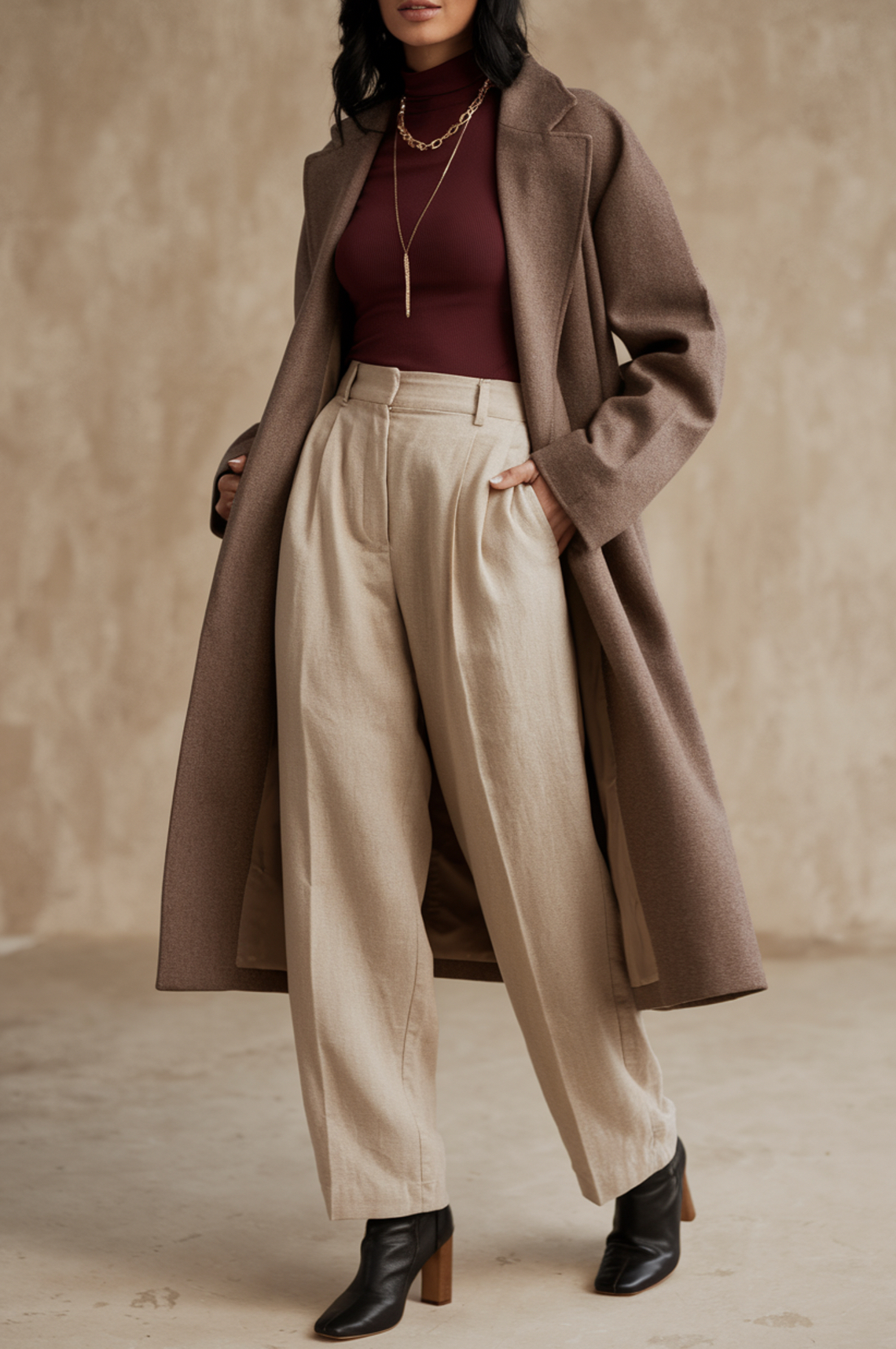 beige linen pants, burgundy top, wool coat, and ankle boots.