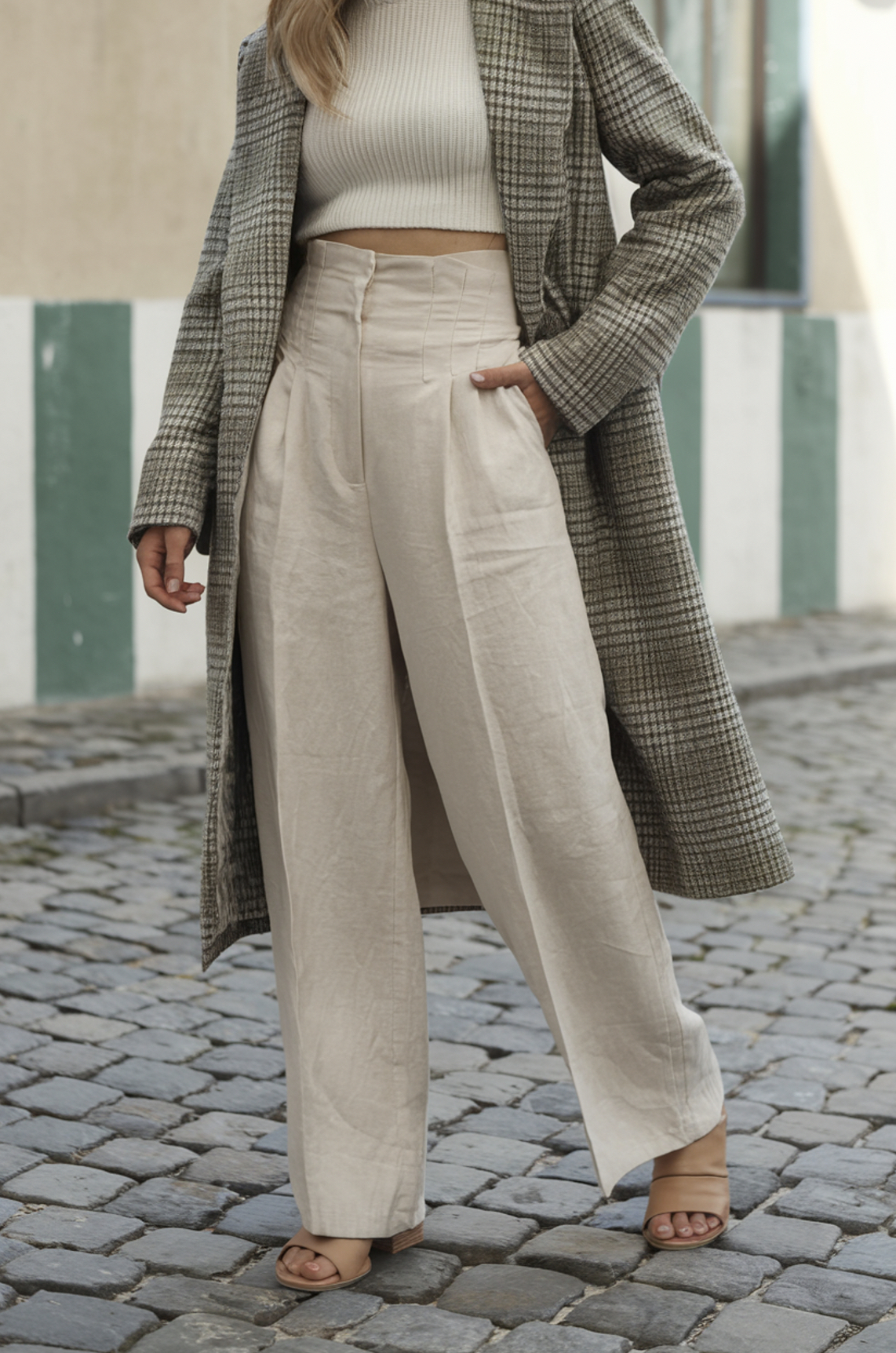 beige linen pants styled with a plaid coat, ribbed crop top, and tan open-toe heels.