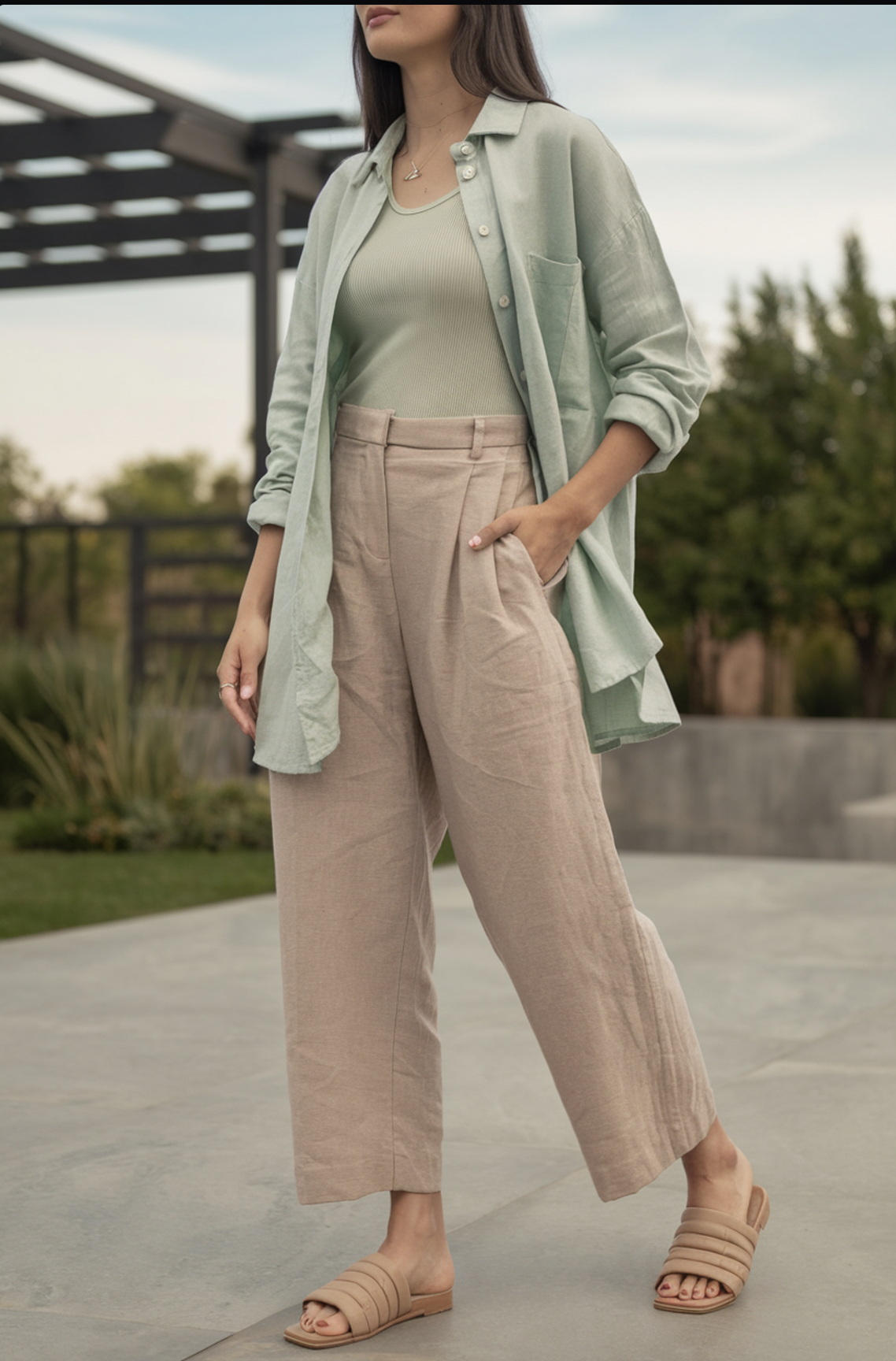 beige pants, mint green tank, breezy button-up styled for laid-back afternoons