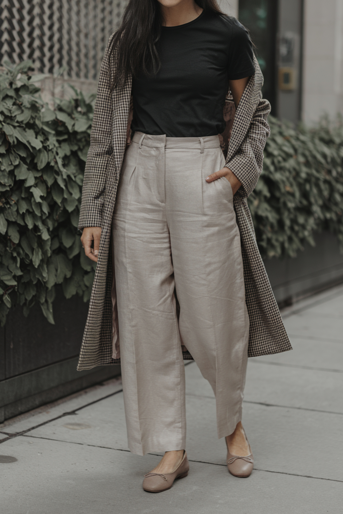 black t-shirt, beige linen pants, nude ballet flats, and houndstooth coat for a classy street look