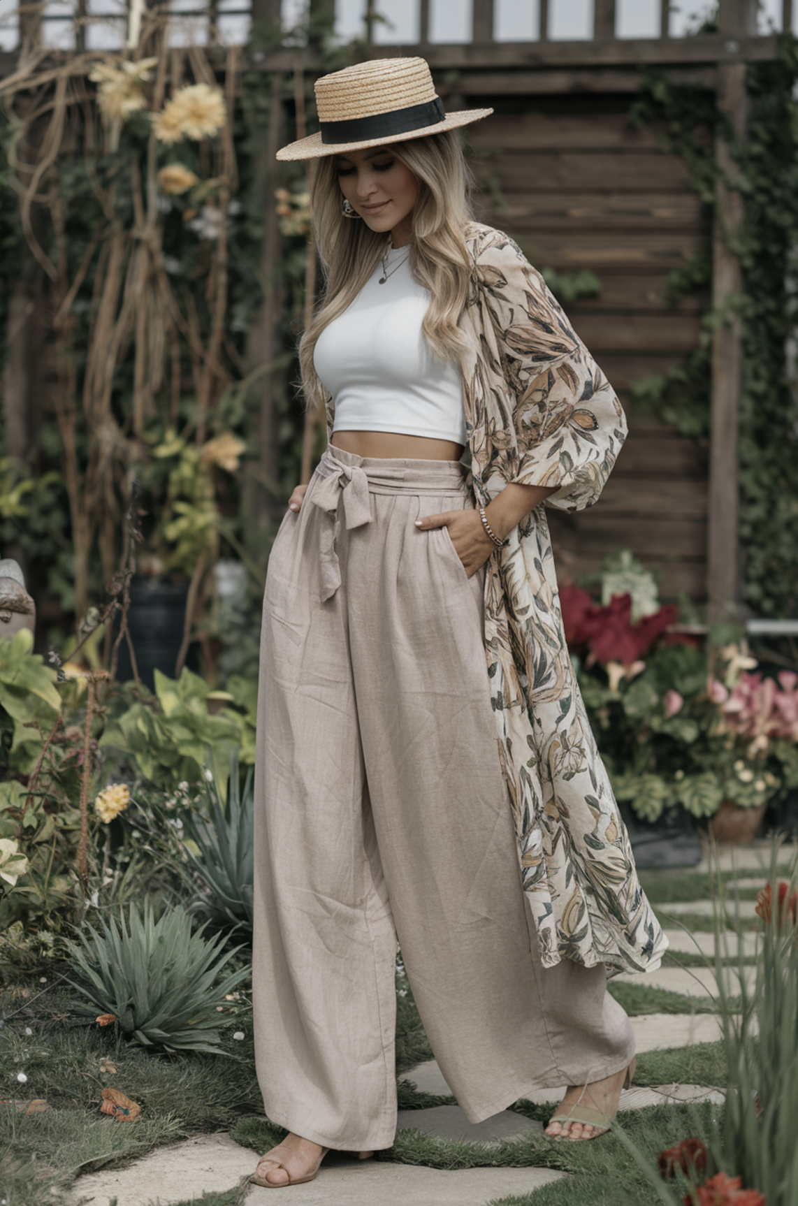 garden strolls look with beige linen pants, white crop, floral duster, and straw boater hat