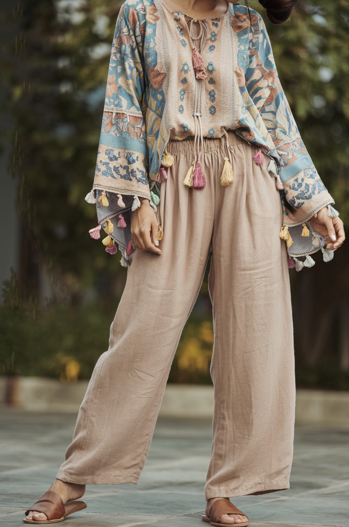 tassel details, beige linen pants, and carefree vibes.