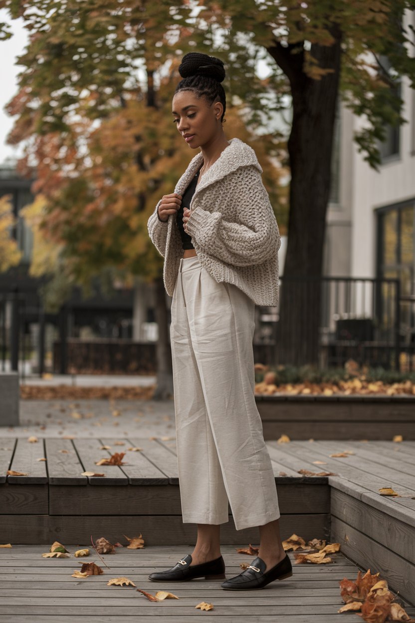 woman in cropped white linen pants, a knit cardigan, and black loafers amidst autumn leaves
