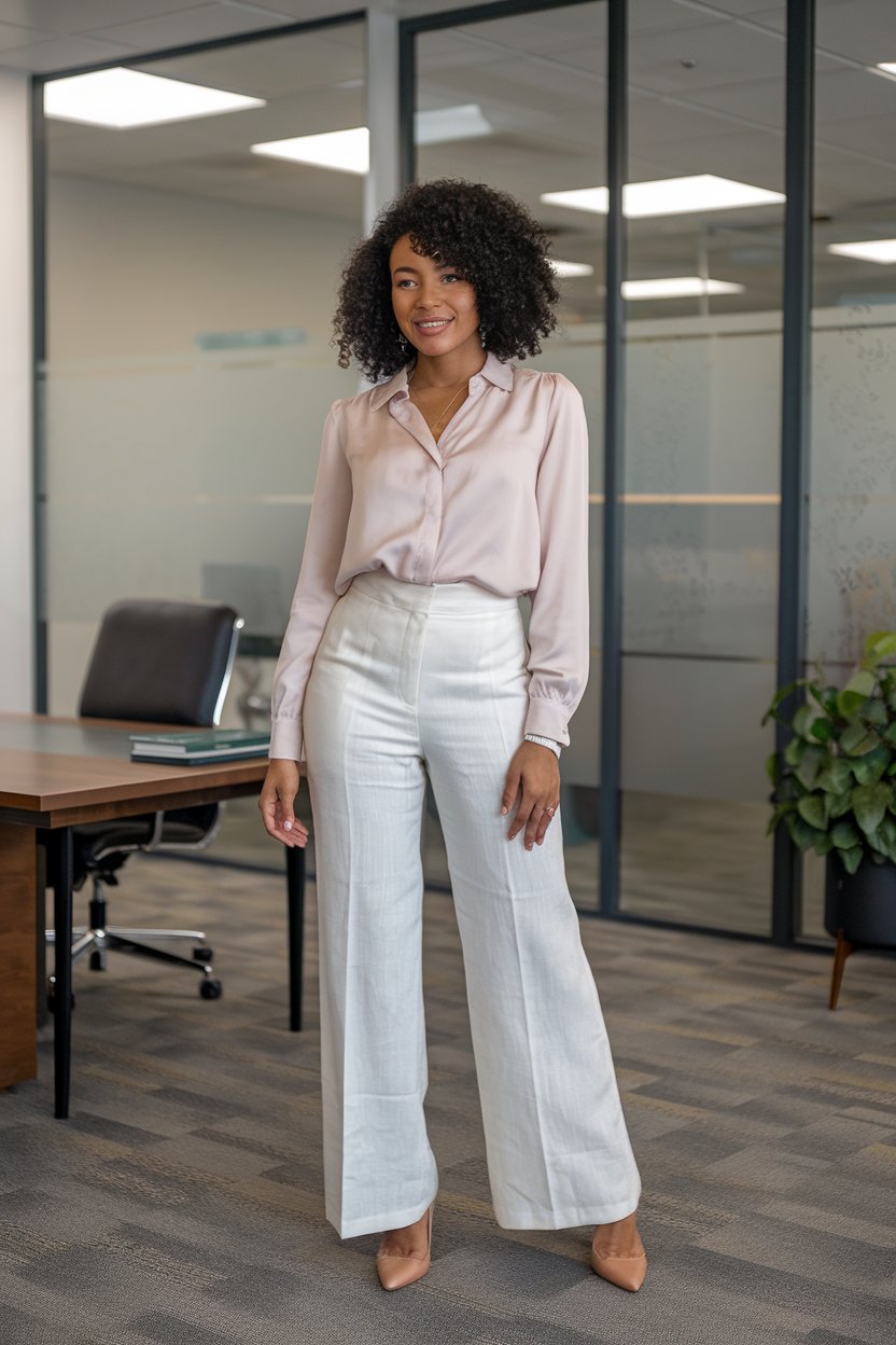 woman in high-waisted white linen trousers, light pink blouse, and nude pumps in an office setting