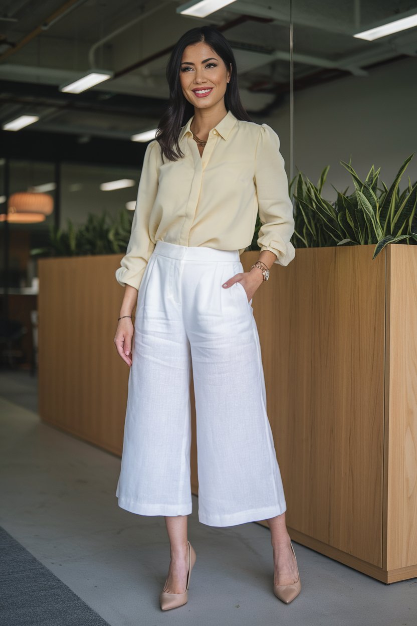 woman in white culottes, yellow blouse, and nude heels in an office setting
