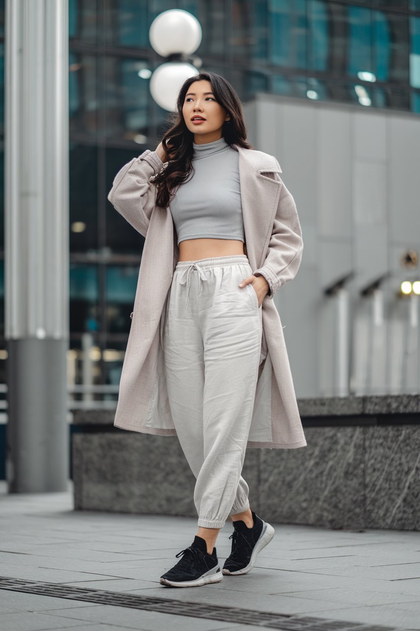 woman in white linen joggers, grey turtleneck, black sneakers, and a beige coat in an urban setting