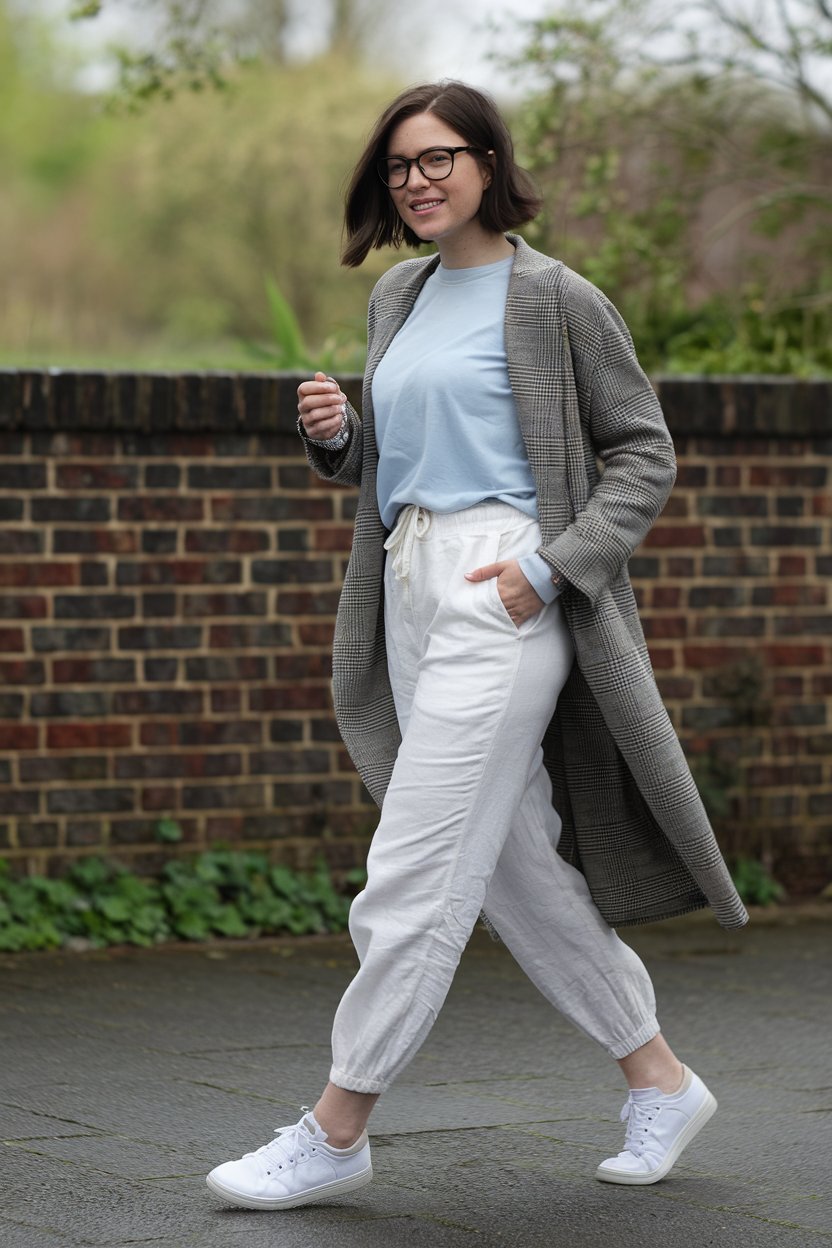 woman in white linen joggers, light blue t-shirt, plaid coat, and white trainers walking outdoors