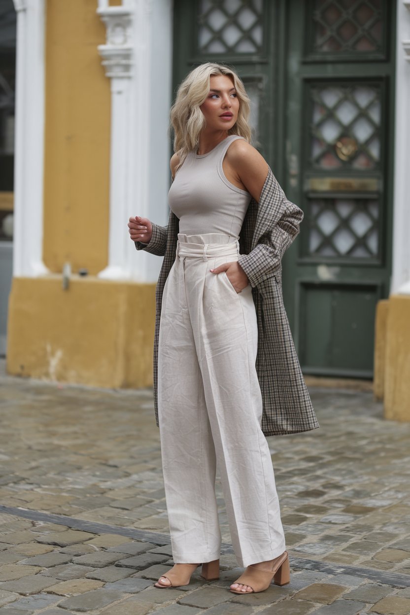 woman in white linen trousers, beige tank top, and block-heeled sandals with a coat