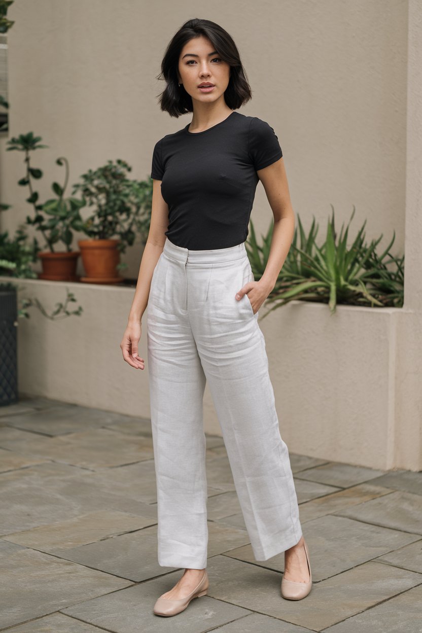 woman in white linen trousers, black t-shirt, and ballet flats in a minimal outfit