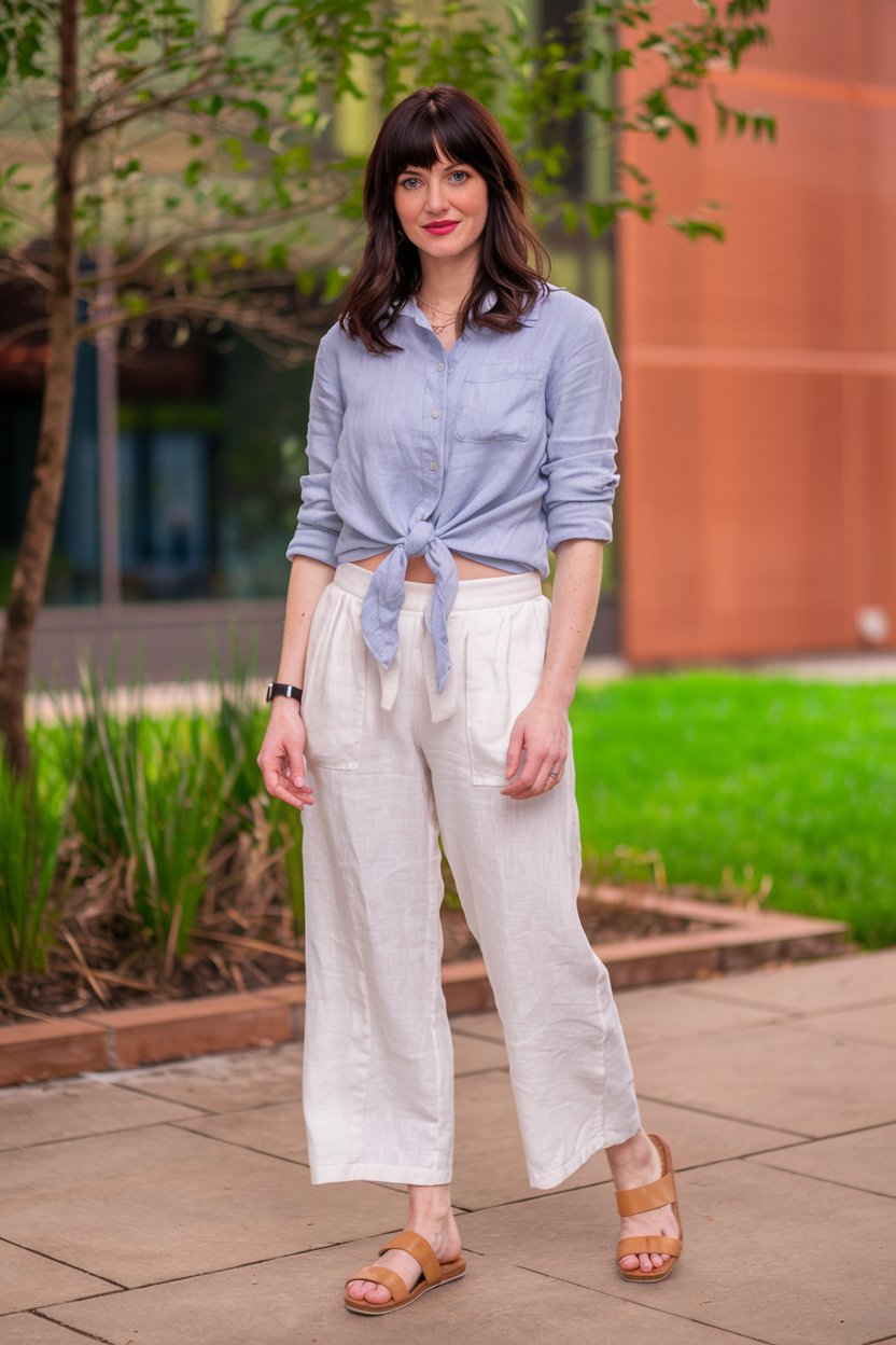 woman in white linen trousers, blue tied shirt, and tan sandals styled casually outdoors