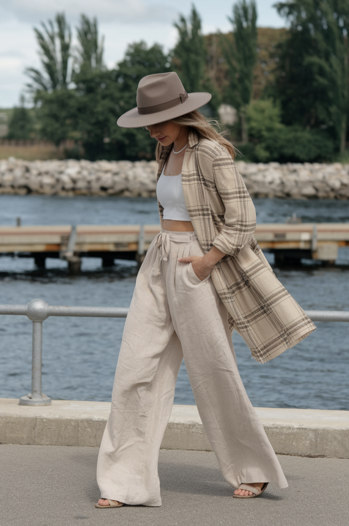 woman strolling by the water in beige linen trousers, a white crop top, a plaid duster coat, and a taupe wide-brimmed hat.