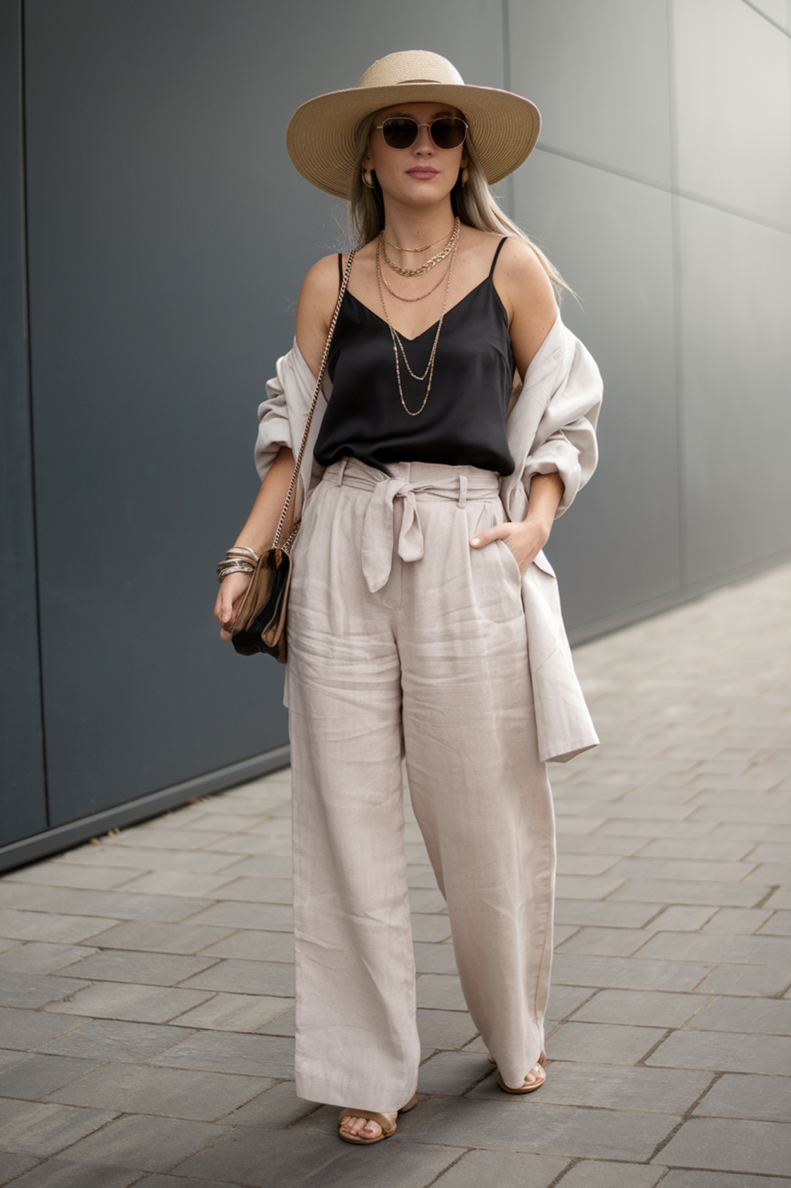 woman wearing a black satin cami, beige linen pants, oversized blazer, straw hat, and layered gold jewellery with a chain-strap clutch and open-toe heels