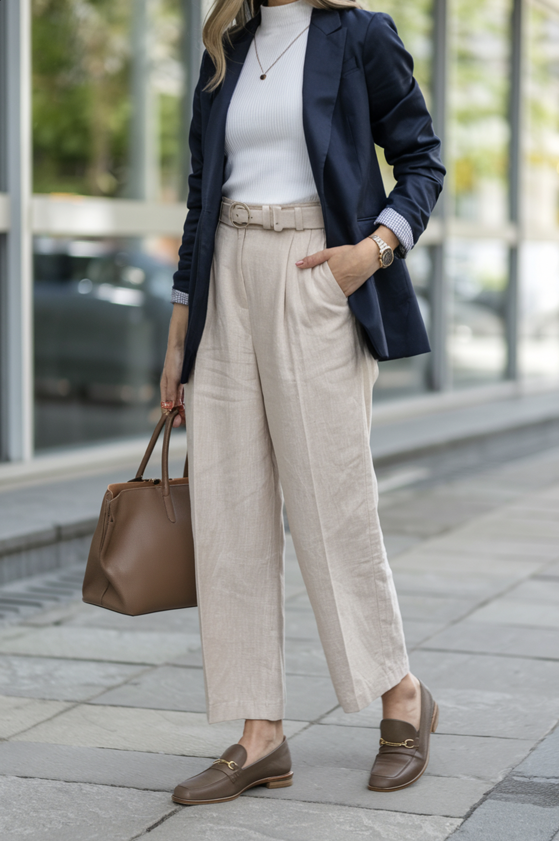 woman wearing a navy blazer, white knit top, beige linen pants, brown loafers, and a leather tote bag with subtle gold accessories