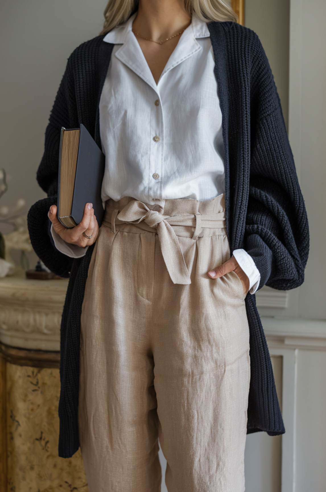 woman wearing a white button-up shirt, beige linen trousers, and a navy knit cardigan while holding a book