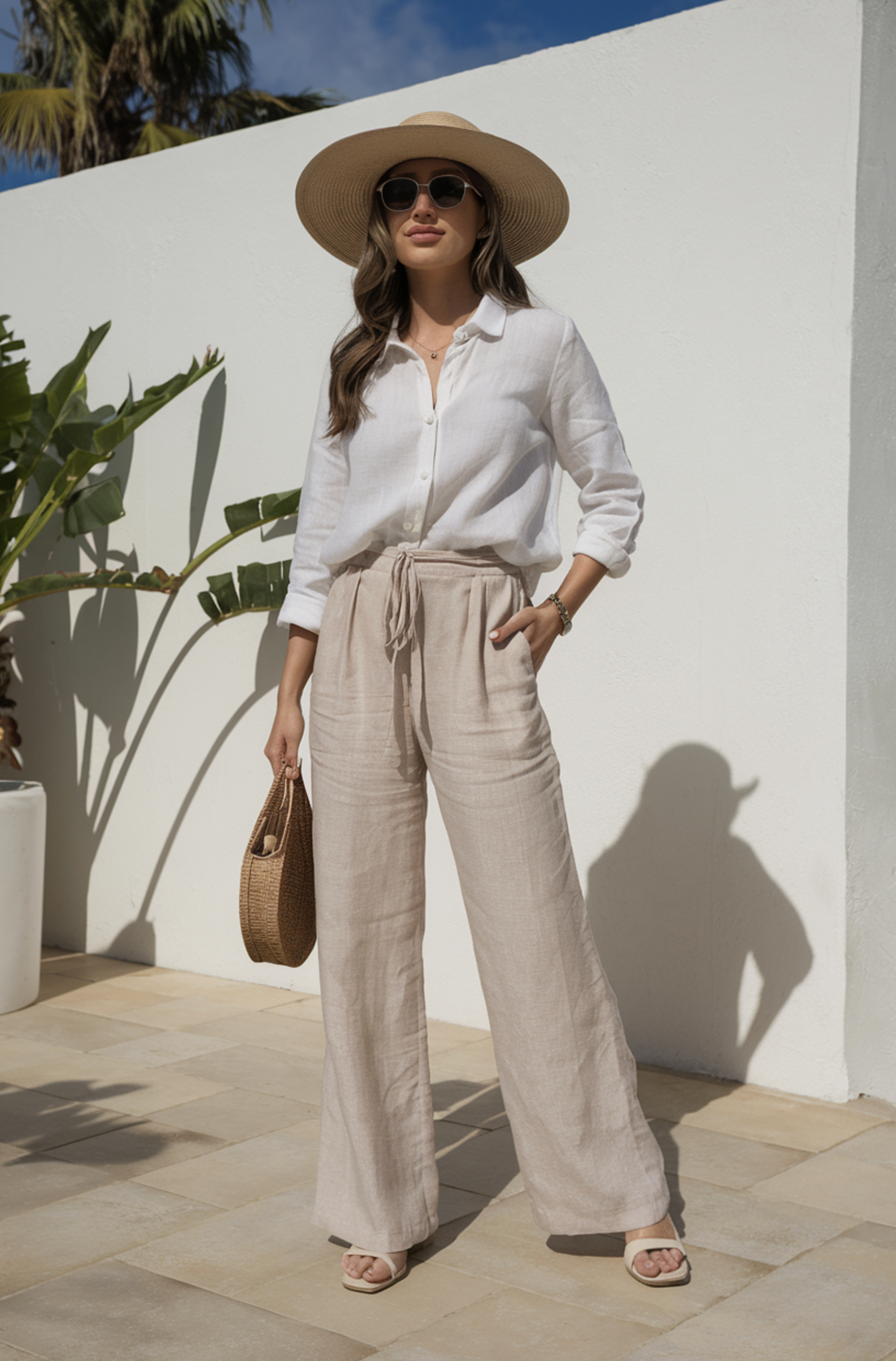 woman wearing a white linen shirt, beige linen trousers, straw hat, neutral heeled sandals, and carrying a woven bag