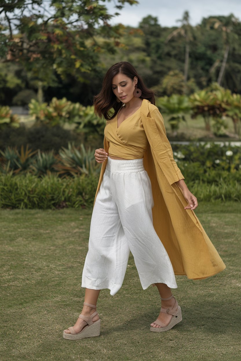 woman wearing white linen culottes, a mustard yellow wrap blouse, and espadrille wedges outdoors
