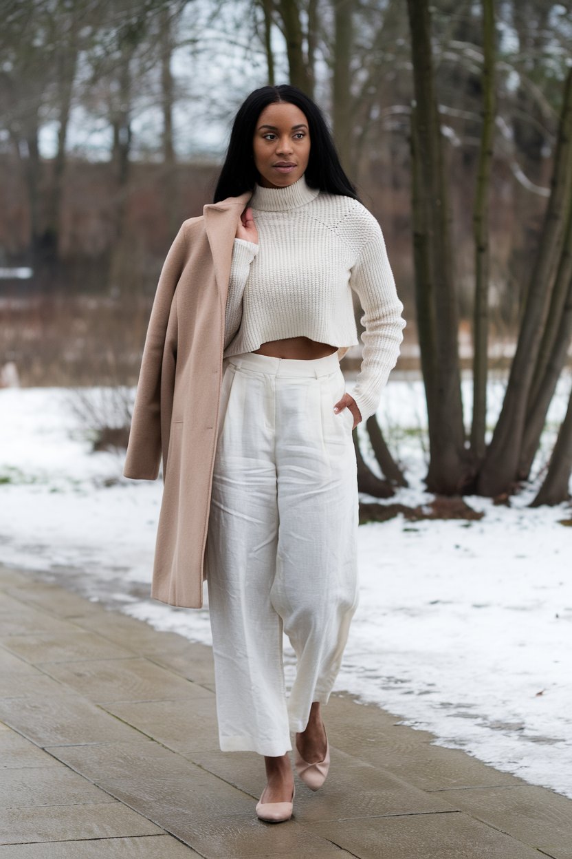 woman wearing white linen pants, a cropped white knit sweater, beige flats, and a camel coat in winter