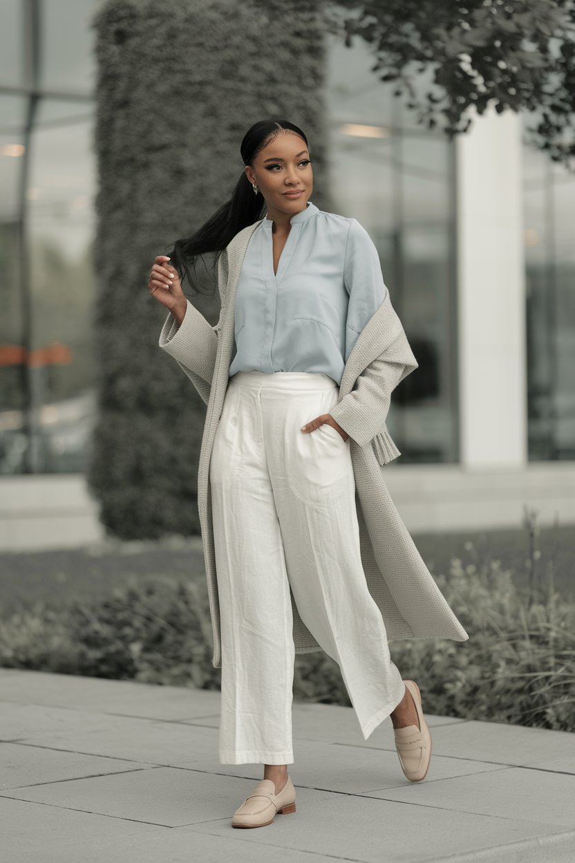 woman wearing white linen pants, a light blue blouse, nude loafers, and a beige cardigan in a professional setting