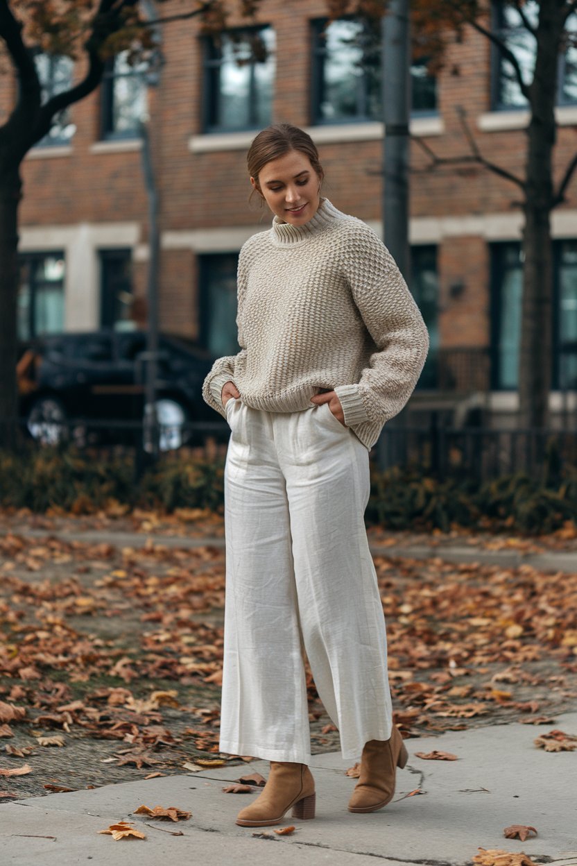 woman wearing white linen trousers, chunky beige sweater, and tan ankle boots on a city sidewalk in autumn